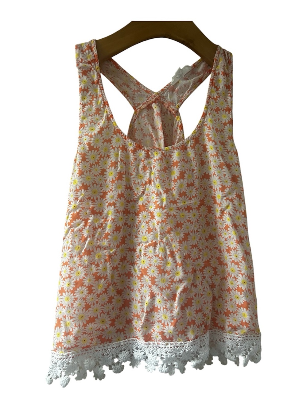 Daisy-Print Tank Top with Lace Trim
